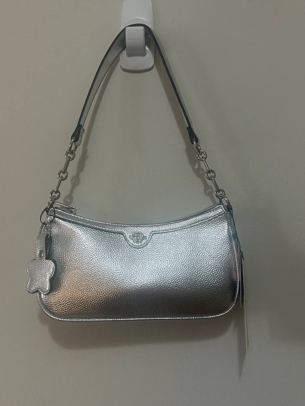 Nanette Lepore Silver Metallic Shoulder Bag with Charm Accent NWT
